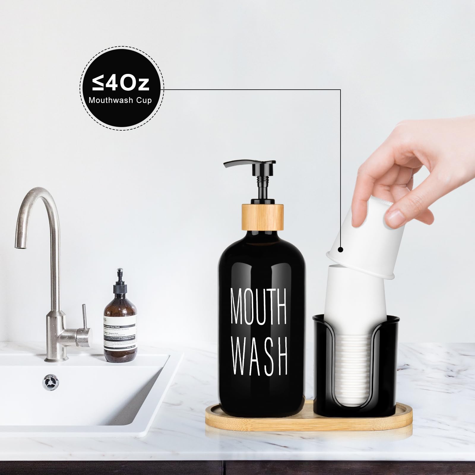 Byaway Black Mouthwash Dispenser For Bathroom - 16Oz Pump Glass Bottle With Cup Holder, 14 Mouthwash Cups,Bamboo Tray, And Funne